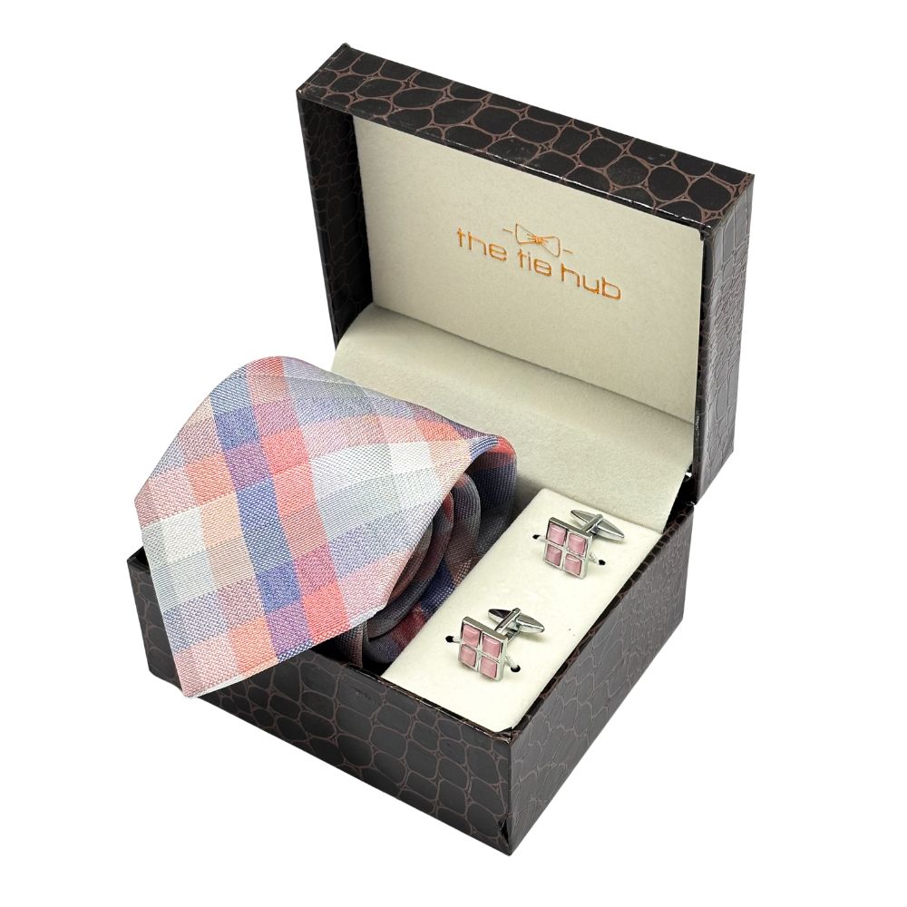 Orange Checkered Microfiber Necktie with Cufflink Combo Set for Men