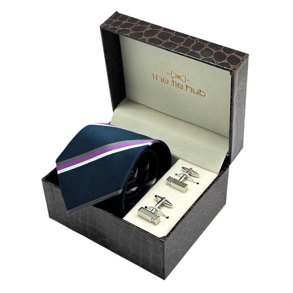 Navy Blue with Purple Stripe Microfiber Necktie with Cufflinks Combo Set for Men