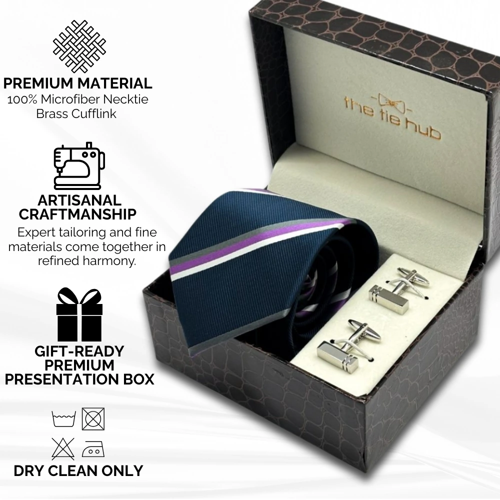 Navy Blue with Purple Stripe Microfiber Necktie with Cufflinks Combo Set for Men