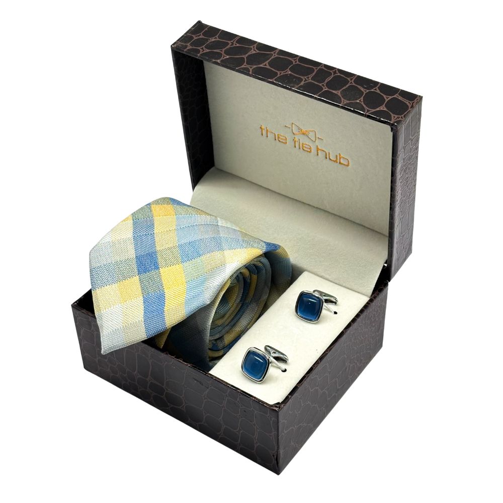 Yellow Checkered Microfiber Necktie with Cufflinks Combo Set for Men