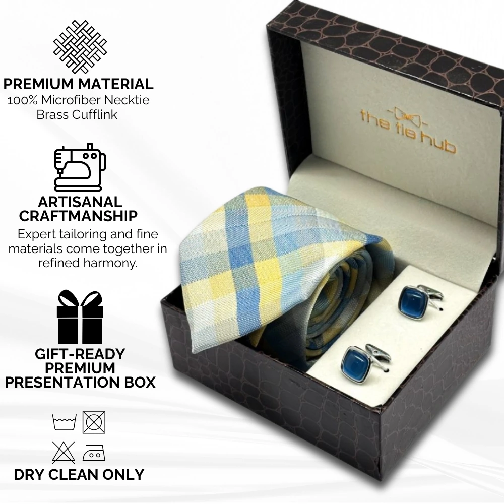 Yellow Checkered Microfiber Necktie with Cufflinks Combo Set for Men