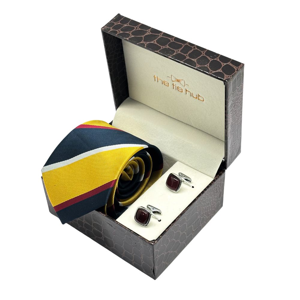 Yellow Stripe Microfiber Necktie with Cufflinks Combo Set for Men