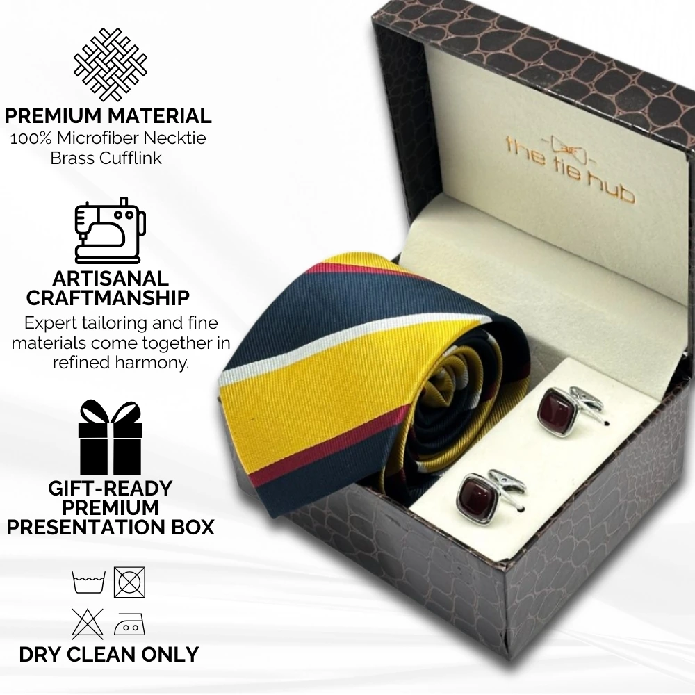 Yellow Stripe Microfiber Necktie with Cufflinks Combo Set for Men