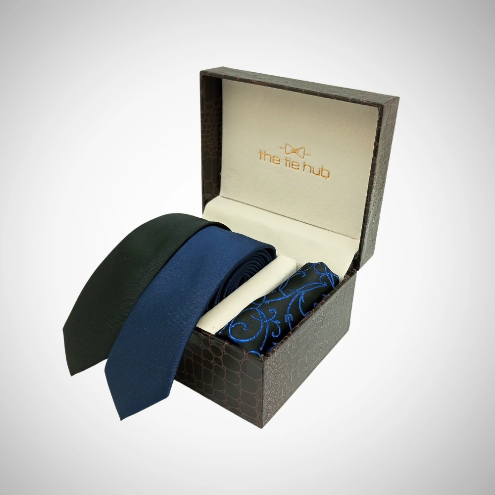 Solid Blue and Black Slim Necktie with Pocket Square Combo Set for Men