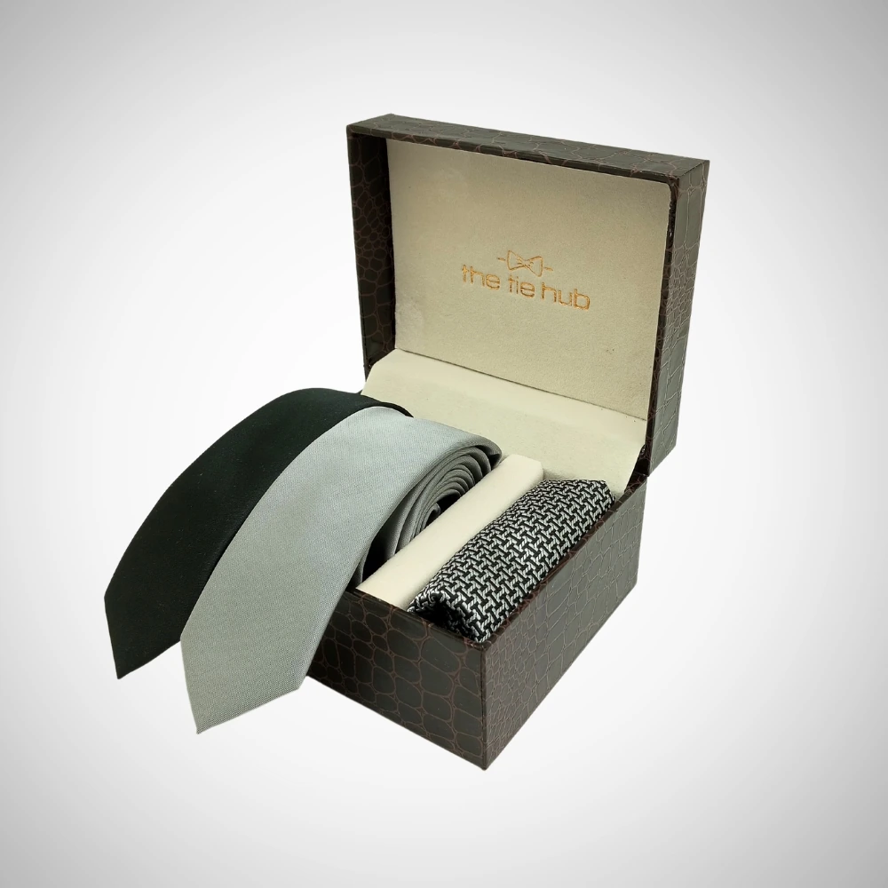 Solid Silver and Black Slim Necktie with Pocket Square Combo Set for Men