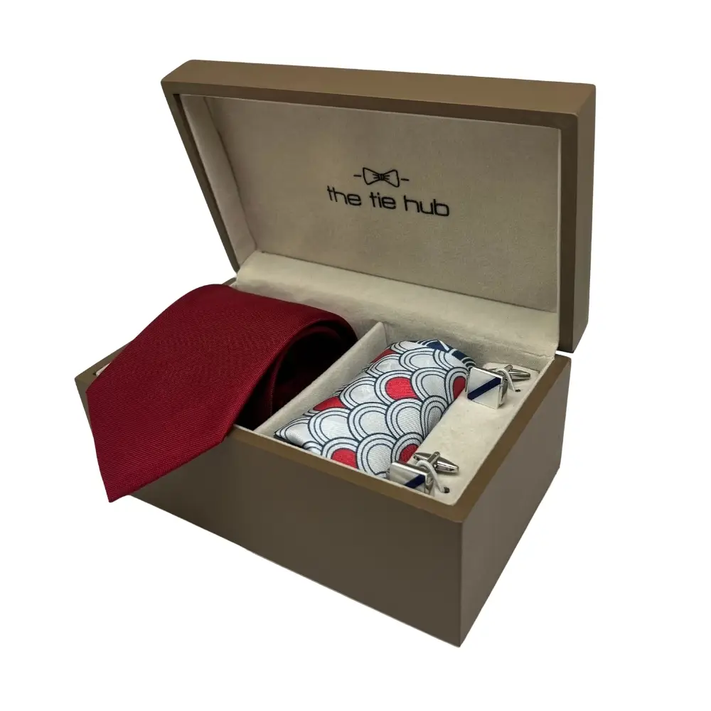 Classic Red Silk Necktie and Cufflinks Gift Set with Colorful Pocket Square for Men