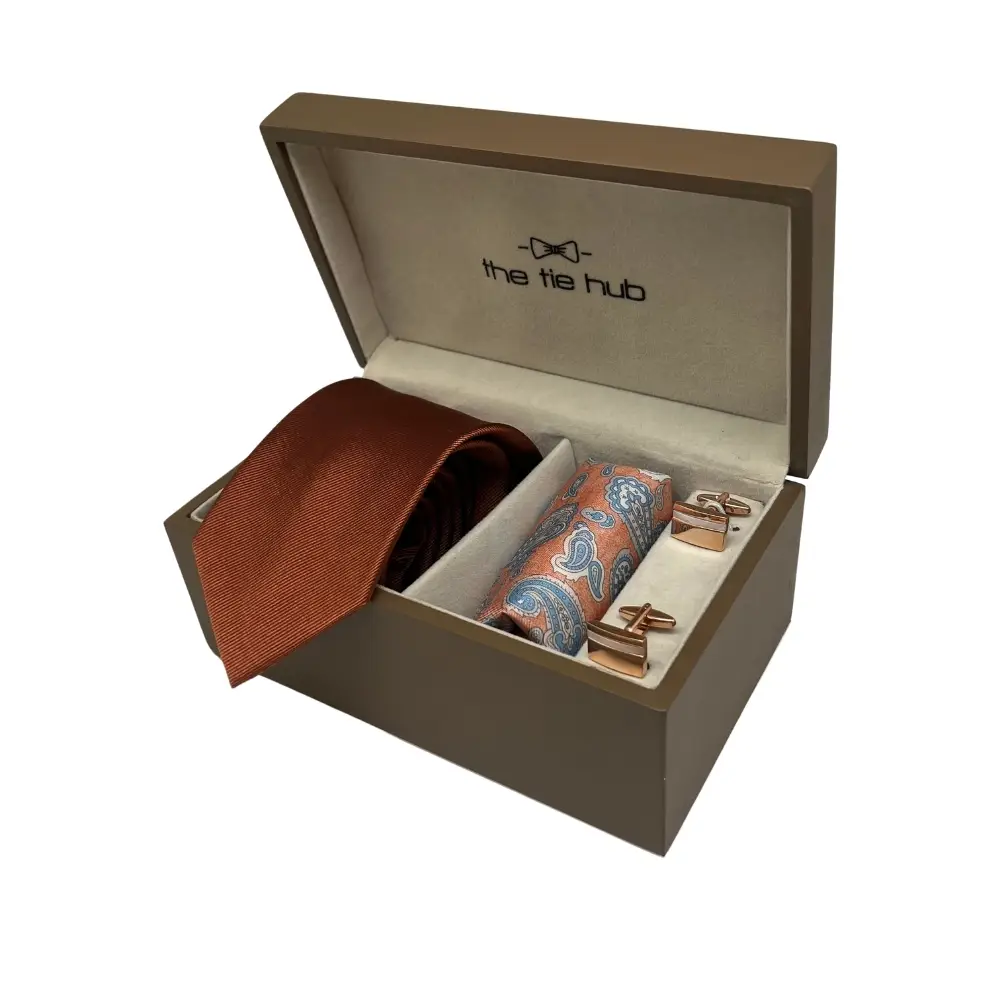 Gift Set - Rust Silk Necktie Set with Paisley Pocket Square and Rose Gold Cufflinks for Men