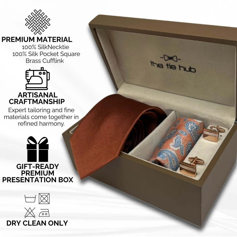 Gift Set - Rust Silk Necktie Set with Paisley Pocket Square and Rose Gold Cufflinks for Men