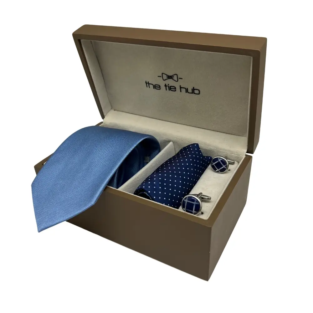 Gift Set - Elegant Light Blue Tie Set with Polka Dot Pocket Square and Dark Blue Cufflinks for Men