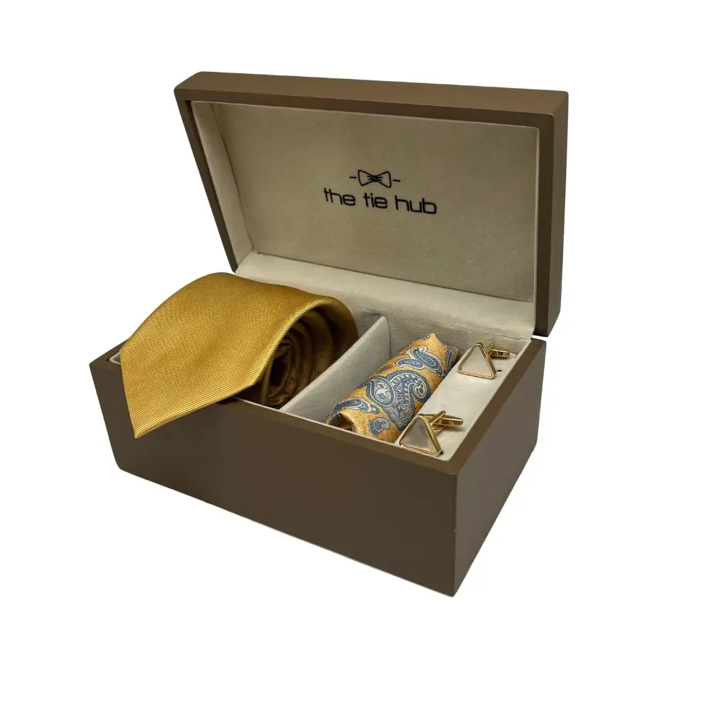 Gift Set - Elegant Gold Tie Set with Yellow Paisley Pocket Square and Mother of Pearl Cufflinks for Men