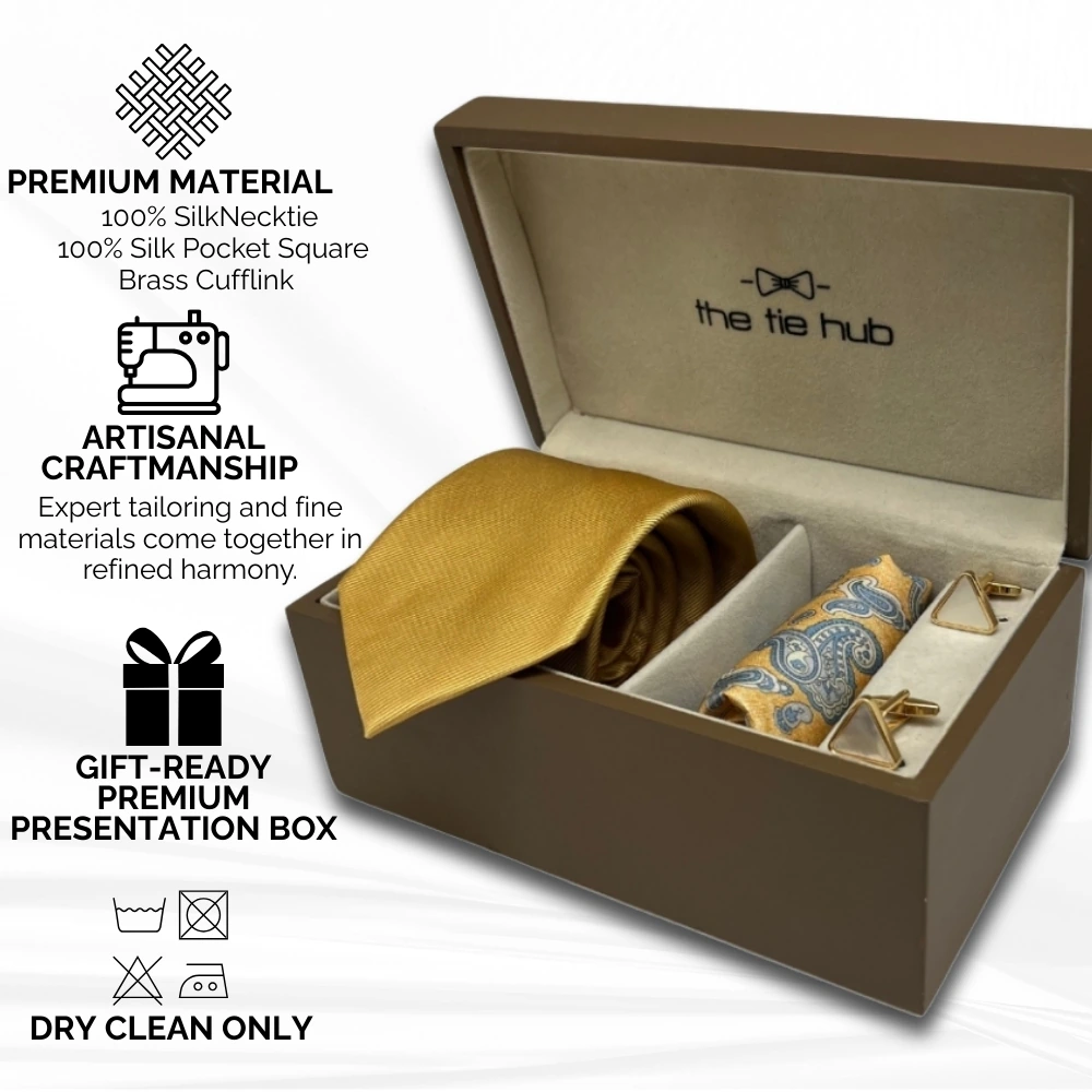 Gift Set - Elegant Gold Tie Set with Yellow Paisley Pocket Square and Mother of Pearl Cufflinks for Men