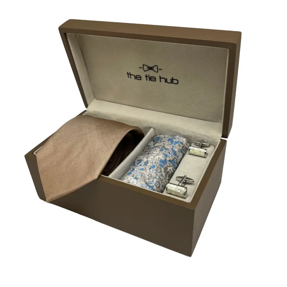 Gift Set - Luxurious Beige Tie Set with Cream Pocket Square and Cufflinks for Men