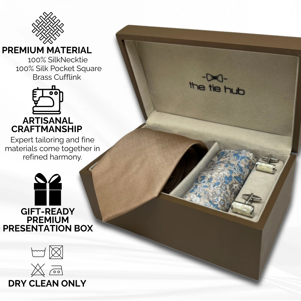 Gift Set - Luxurious Beige Tie Set with Cream Pocket Square and Cufflinks for Men