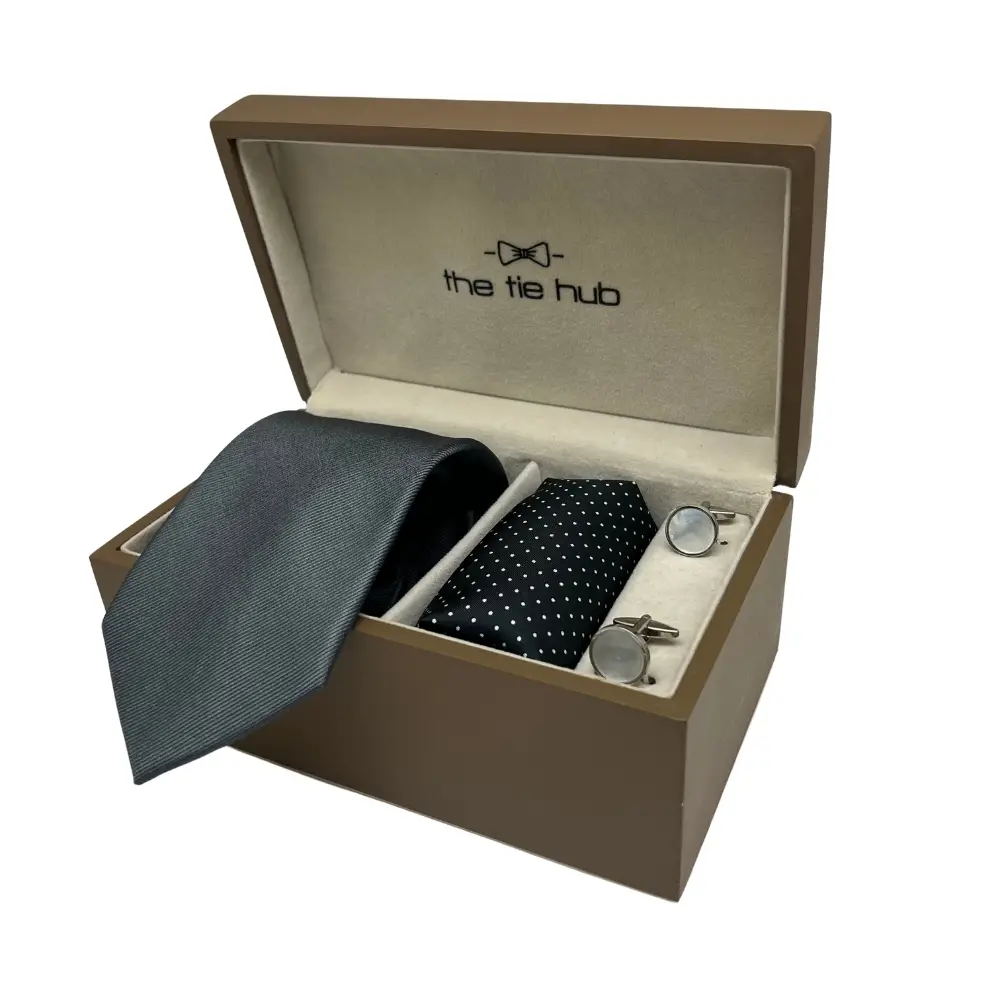Gift Set - Grey Tie and Pocket Square Set with Mother of Pearl Cufflinks for Men