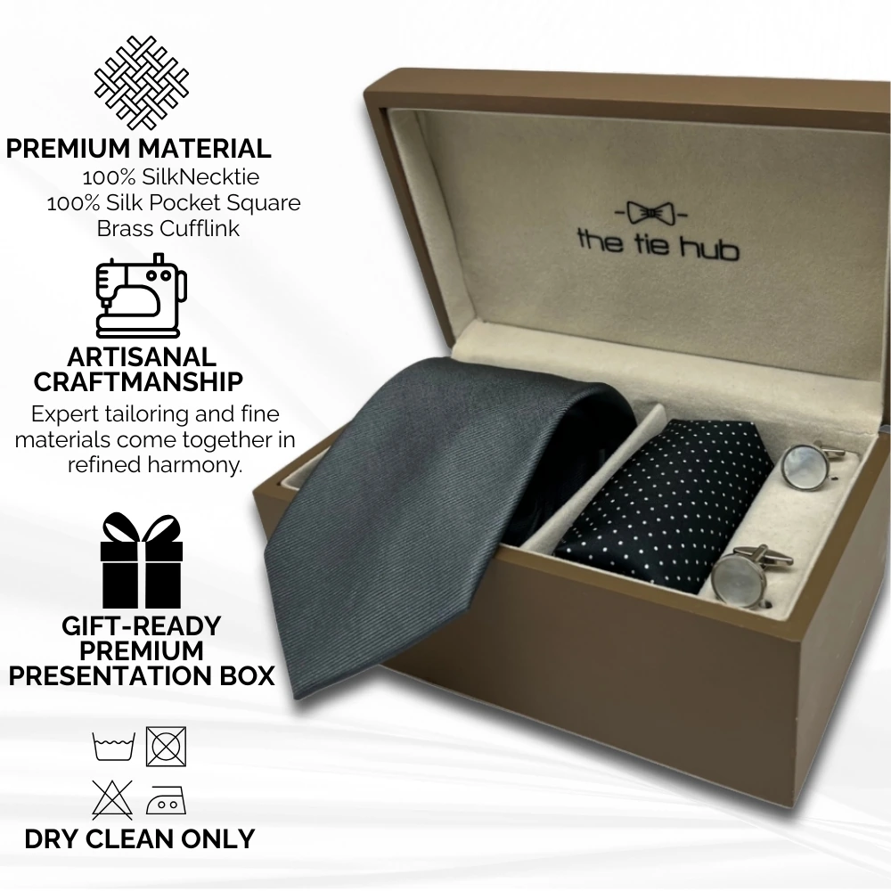 Gift Set - Grey Tie and Pocket Square Set with Mother of Pearl Cufflinks for Men