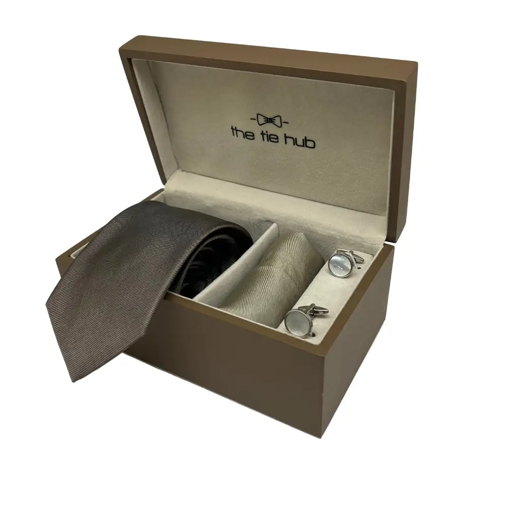 Premium Brown Silk Necktie and Cufflinks with Beige Pocket Square Gift Set for Men