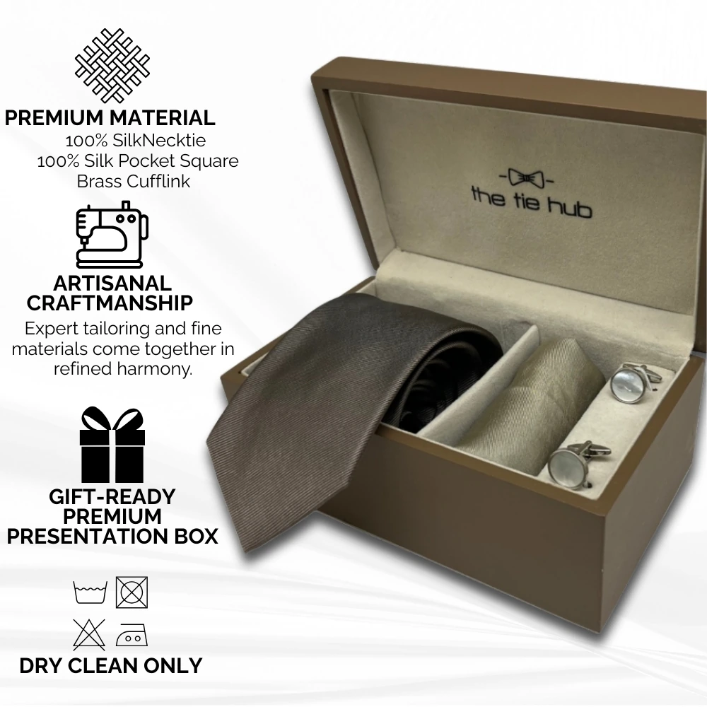 Premium Brown Silk Necktie and Cufflinks with Beige Pocket Square Gift Set for Men