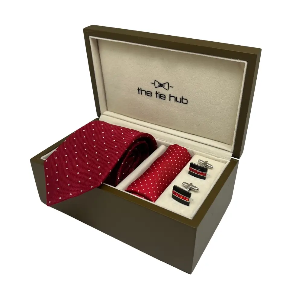 Gift Set - Sophisticated Red Silk Tie and Pocket Square with Black and Red Accented Cufflinks for Men