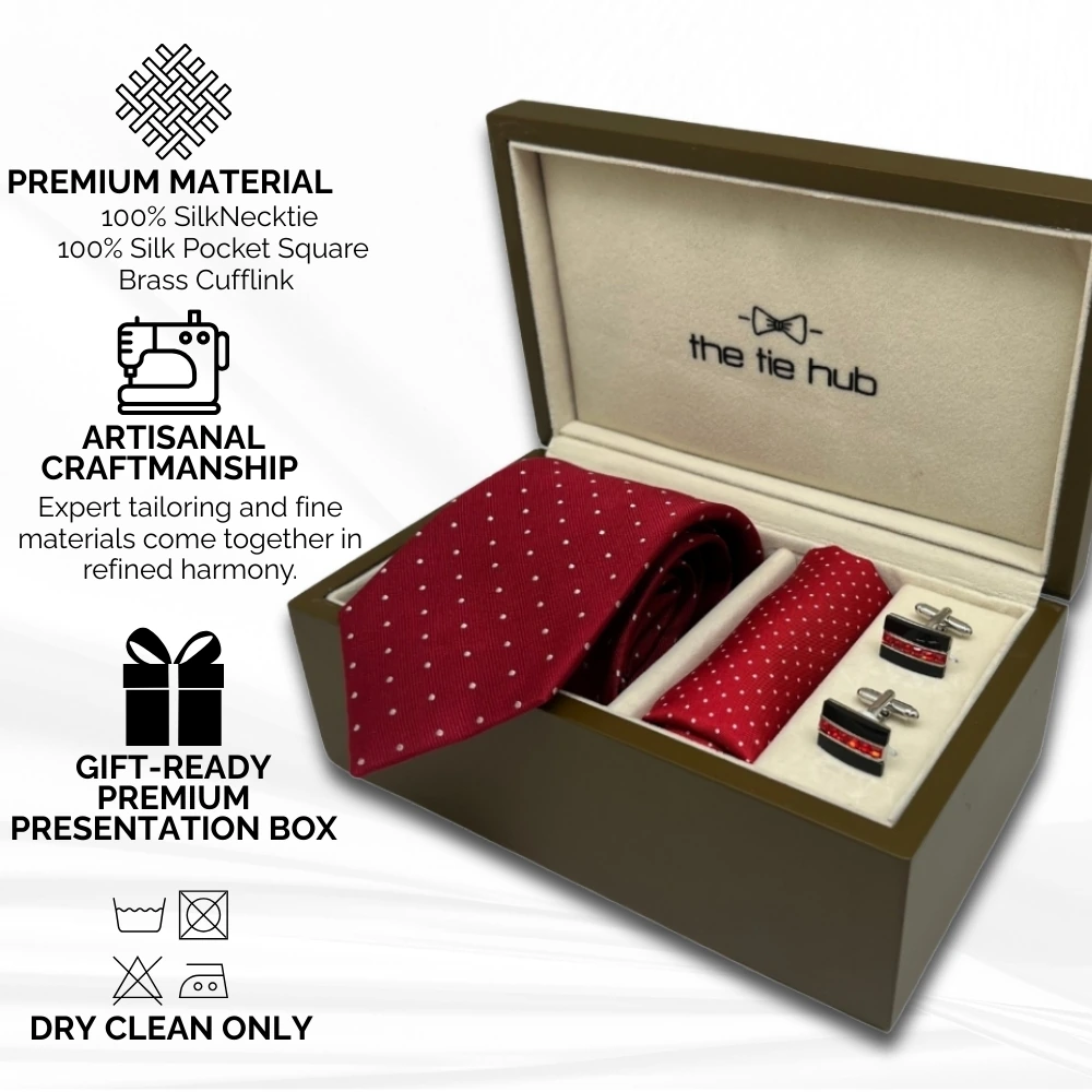 Gift Set - Sophisticated Red Silk Tie and Pocket Square with Black and Red Accented Cufflinks for Men