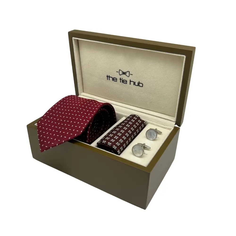 Gift Set - Classic Red Tie and Burgundy Pocket Square Set with Mother of Pearl Cufflinks for Men