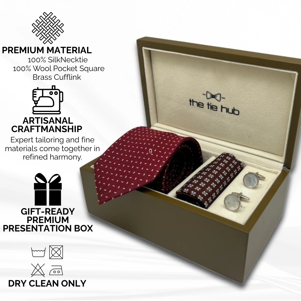 Gift Set - Classic Red Tie and Burgundy Pocket Square Set with Mother of Pearl Cufflinks for Men