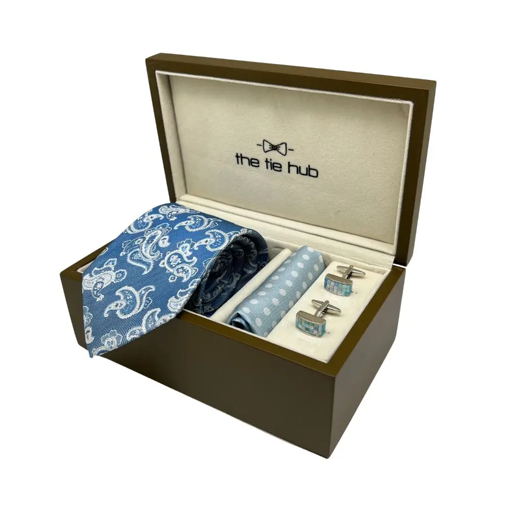 Gift Set - Blue Silk Tie Set with Mother of Pearl Cufflinks and Polka Dot Pocket Square for Men