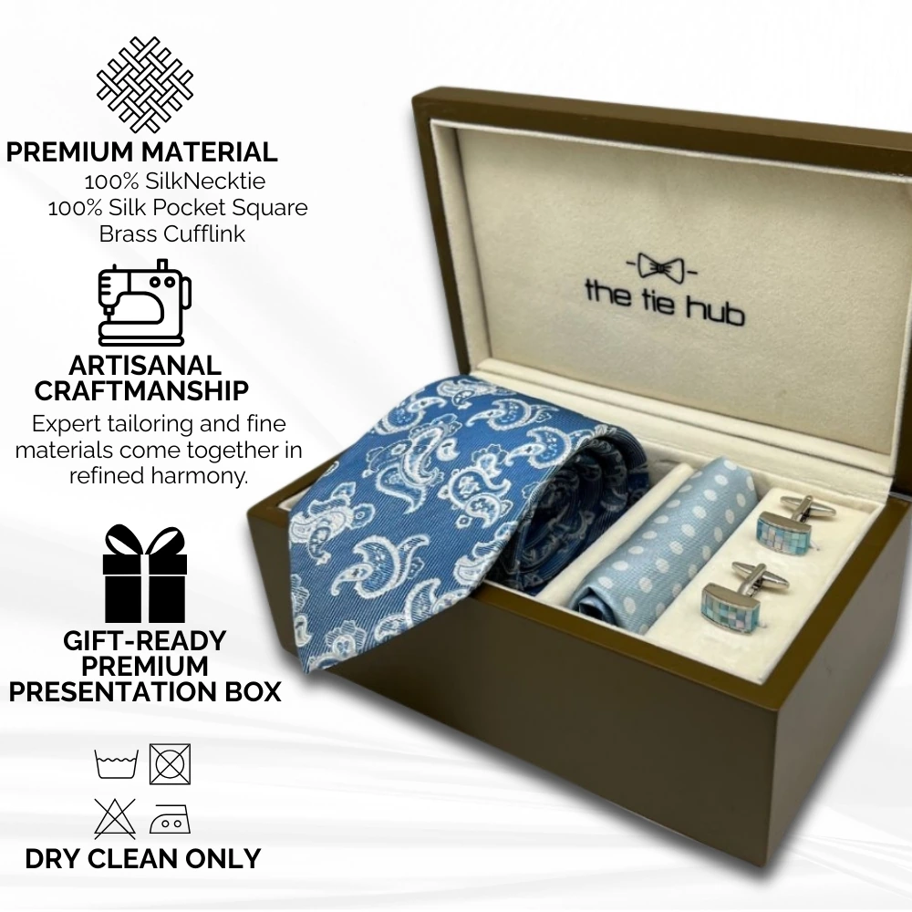 Gift Set - Blue Silk Tie Set with Mother of Pearl Cufflinks and Polka Dot Pocket Square for Men