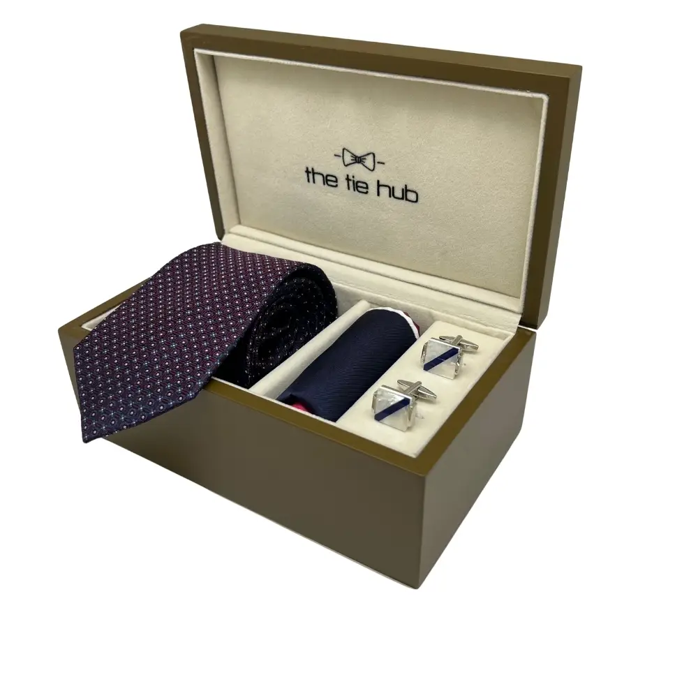 Maroon Silk Necktie with Blue and White Cufflinks and Multi-Colored Pocket Square Gift Set for Men