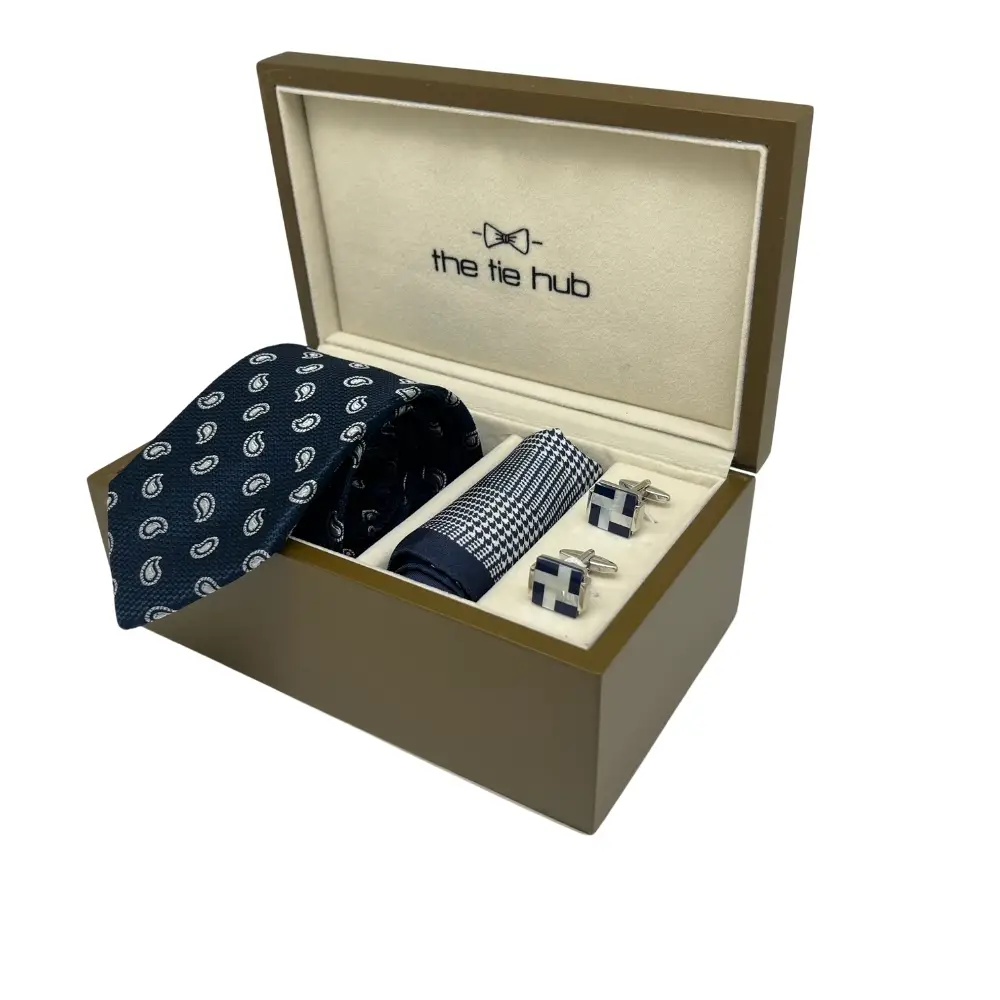 Navy Blue Tie Gift Set - Silk Tie, Pocket Square and Cufflinks for Men