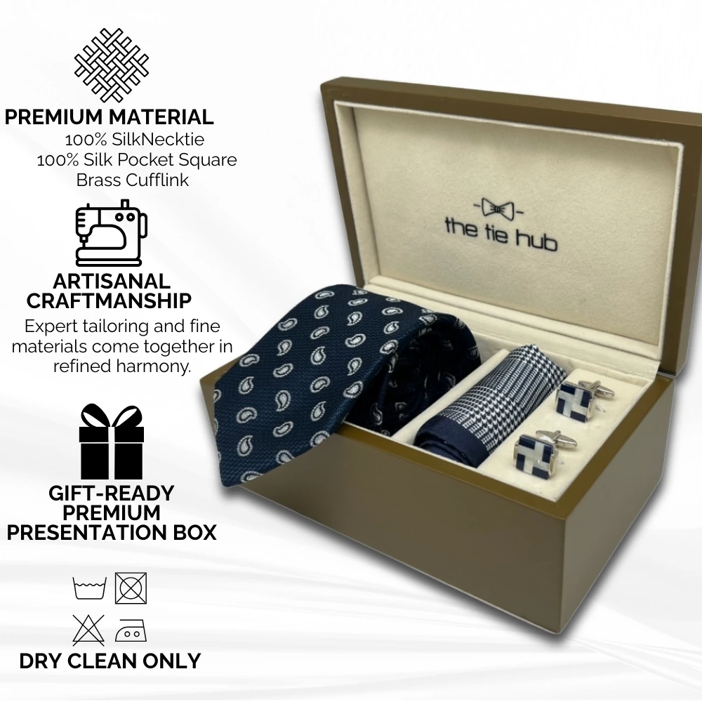 Navy Blue Tie Gift Set - Silk Tie, Pocket Square and Cufflinks for Men