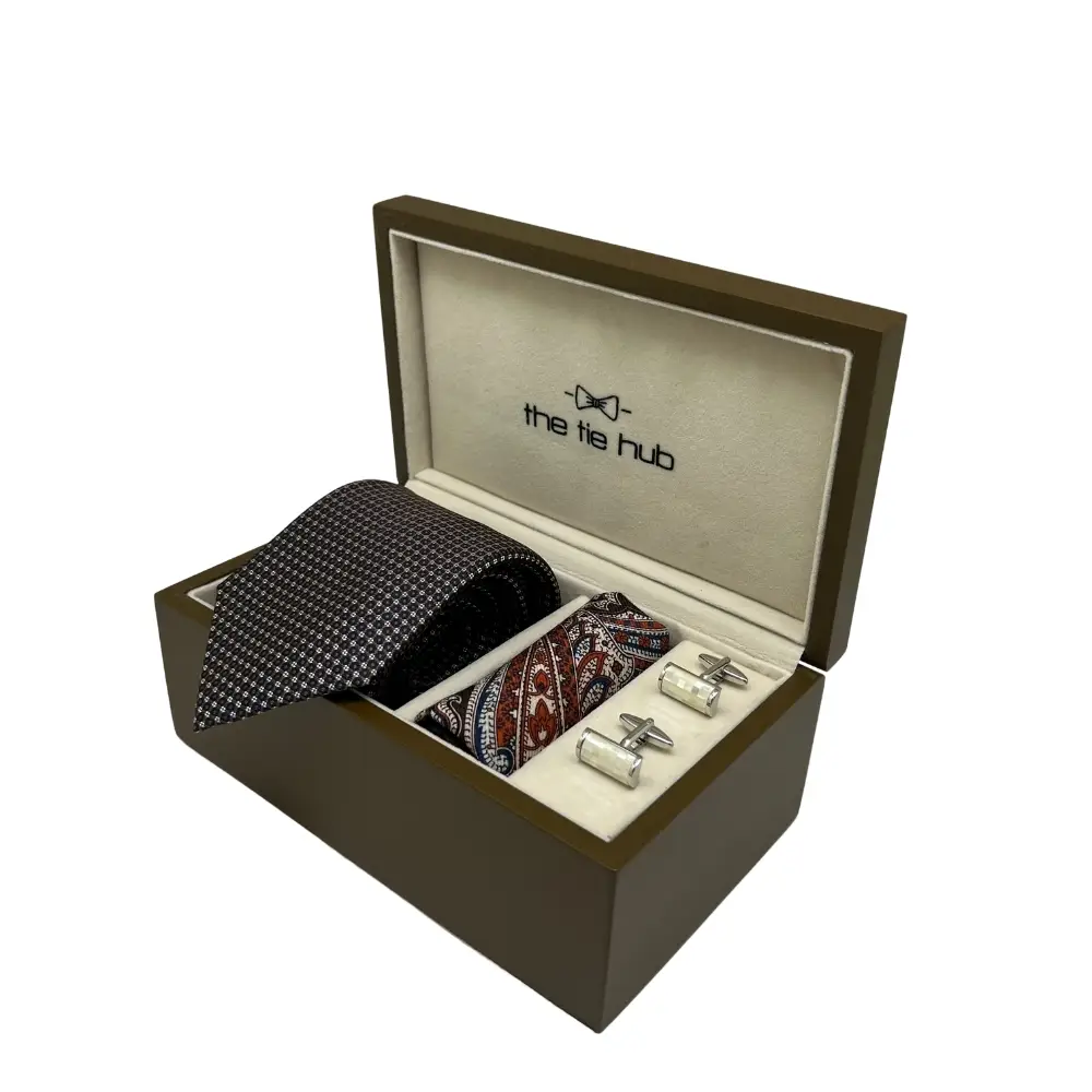 Gift Set - Elegant Navy Blue and Beige Silk Tie Set with White Cufflinks and Wool Pocket Square for Men