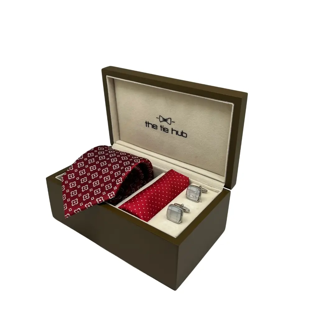 Gift Set - Premium Red Silk Tie Set with Mother of Pearl Cufflinks and Pocket Square for Men
