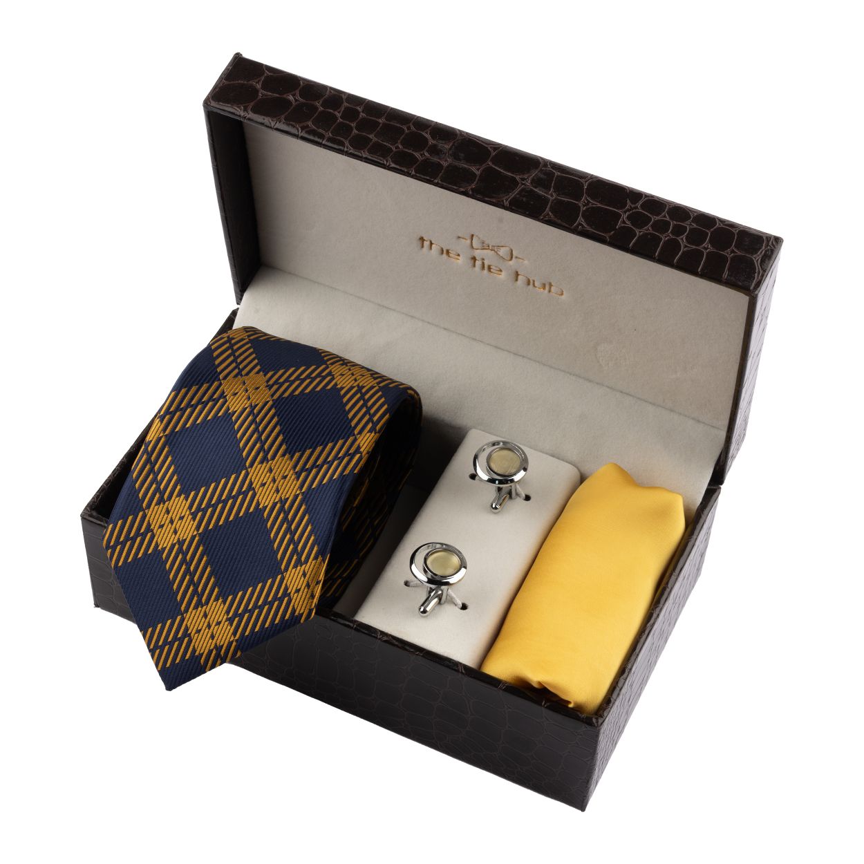Blue Checks Necktie with Pocket Square and Cufflinks Gift Set for Men