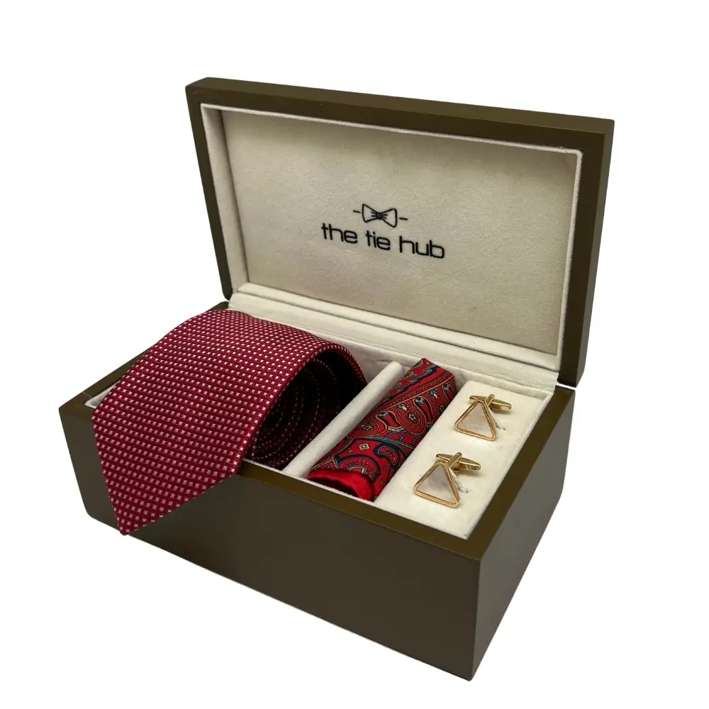Gift Set - Premium Maroon Silk Tie Set with Stylish Gold Cufflinks and Pocket Square for Men