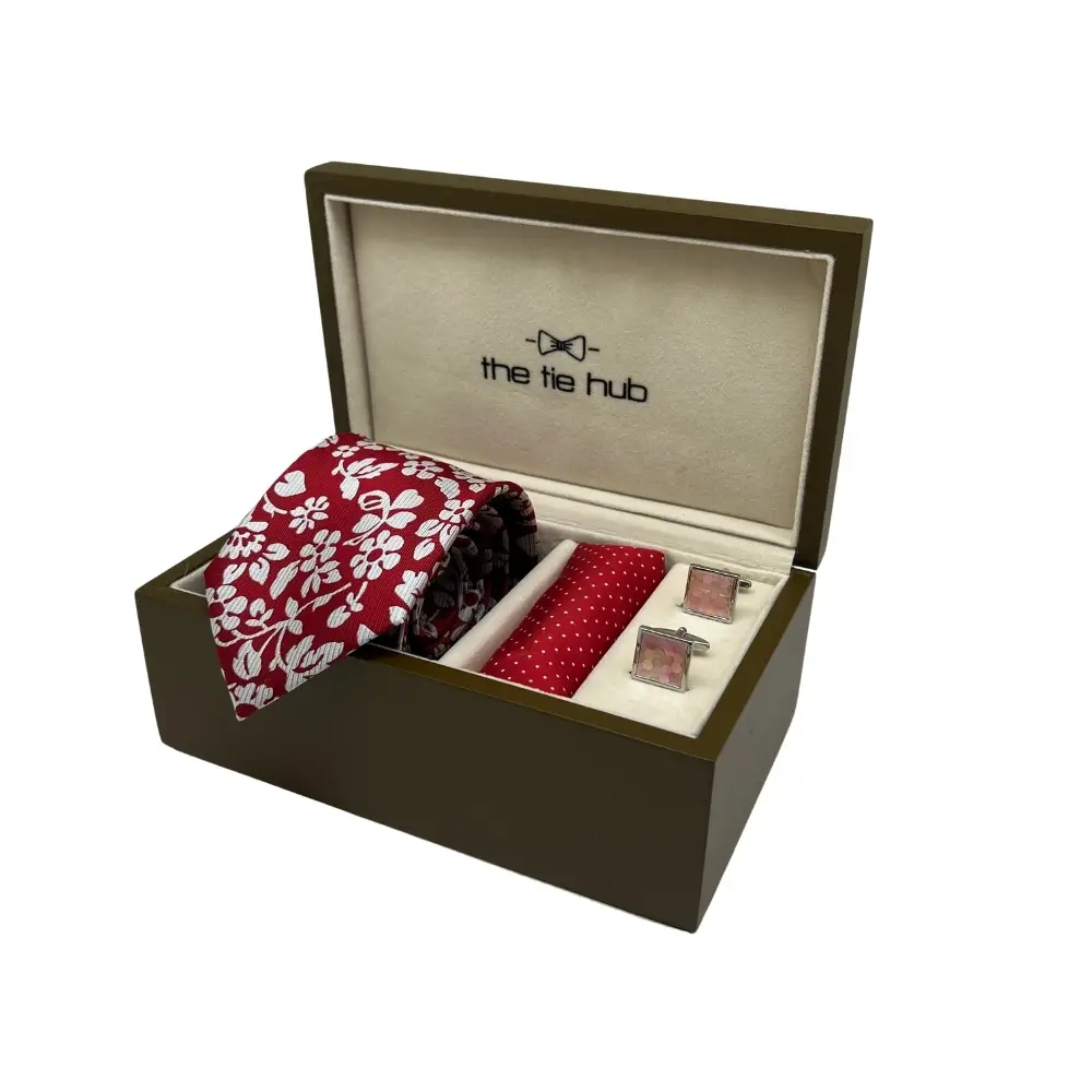 Gift Set - Elegant Red Silk Necktie Combo with Pink Cufflinks and Pocket Square for Men