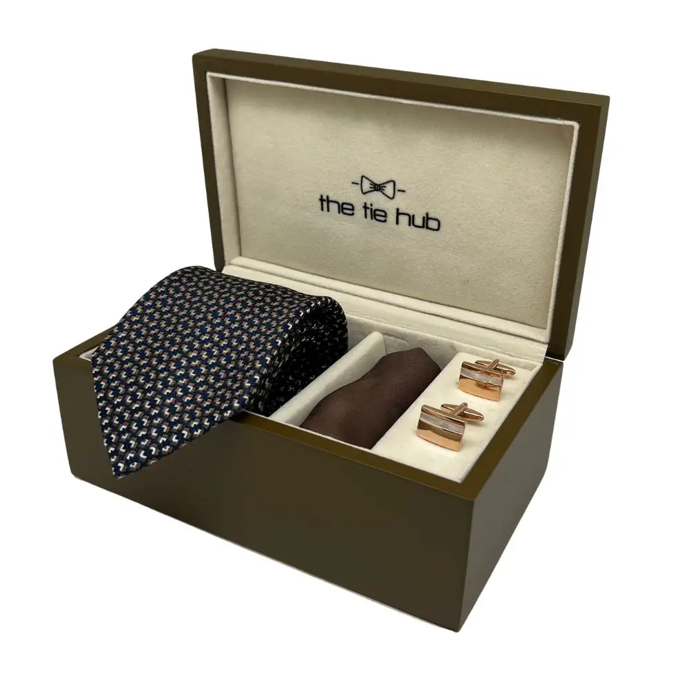Gift Set - Navy Blue Silk Tie Set with Rose Gold Mother of Pearl Cufflinks and Brown Pocket Square for Men