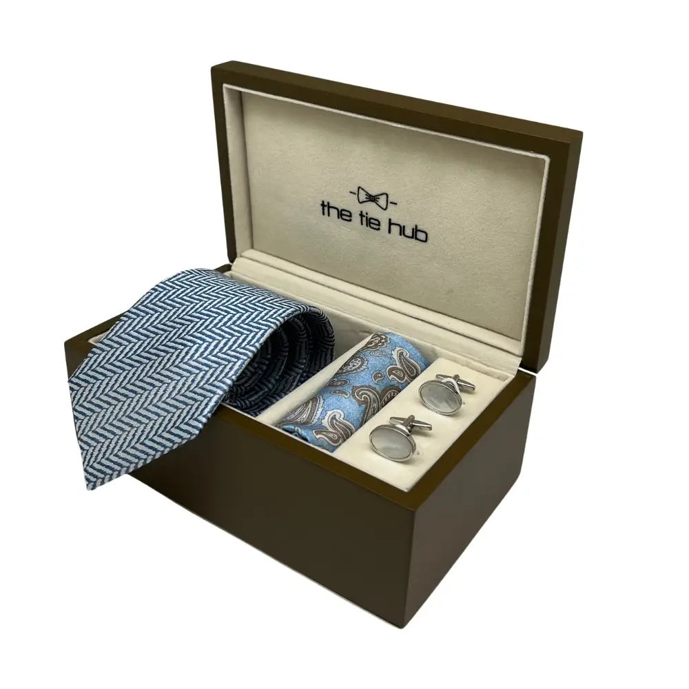 Gift Set - Light Blue Silk Tie with Silver Mother of Pearl Cufflinks and Blue Pocket Square for Men
