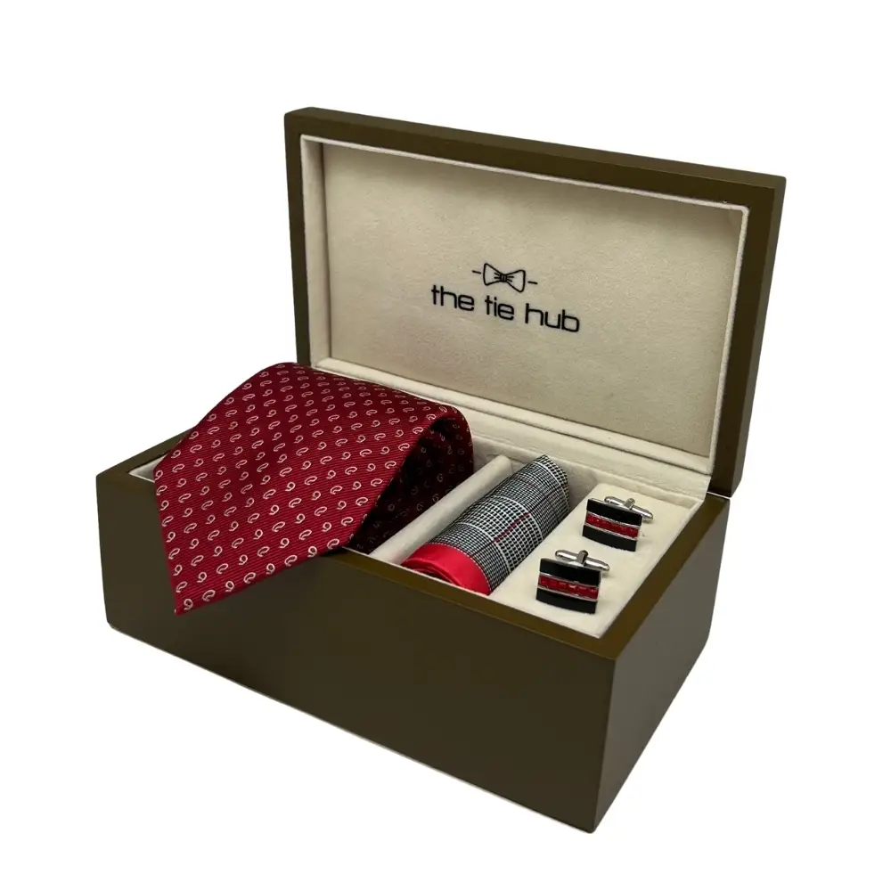 Gift Set - Red Silk Tie with Black Mother of Pearl Cufflinks and Red Pocket Square for Men