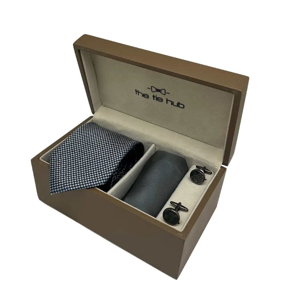 Gift Set - Elegant Navy Blue Silk Necktie Set with Gunmetal Cufflinks and Pocket Square for Men