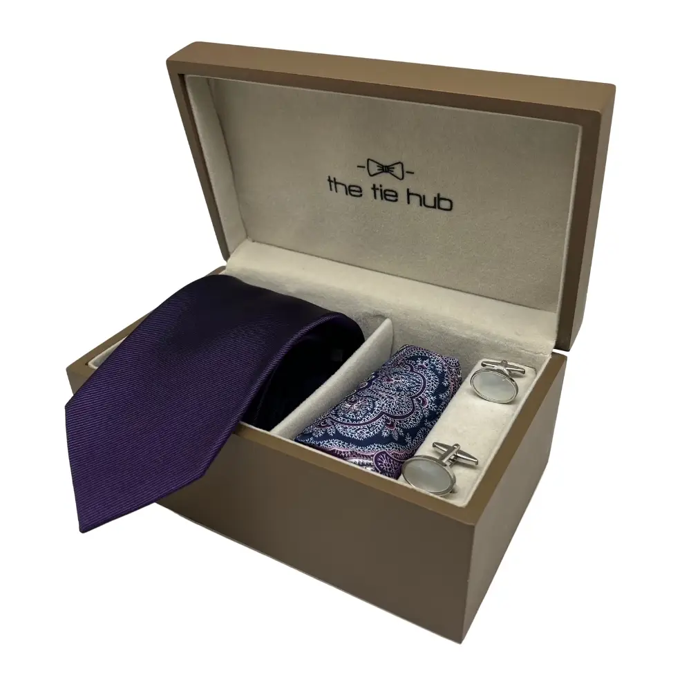 Gift Set - Purple Silk Necktie, Brass Cufflinks, and Silk Pocket Square for Men