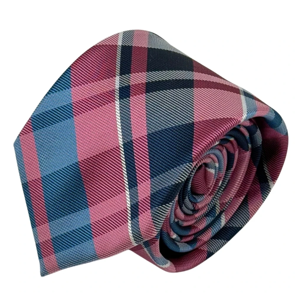 Pink and Blue Microfiber Necktie with Enamel Cufflinks and Silk Pocket Square Combo for Men