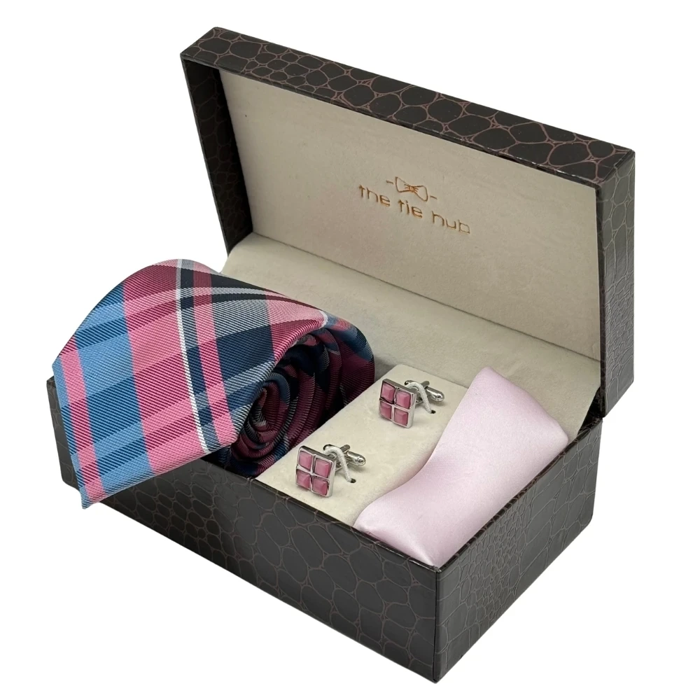 Pink and Blue Microfiber Necktie with Enamel Cufflinks and Silk Pocket Square Combo for Men