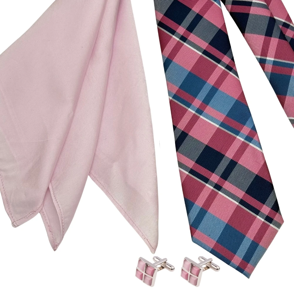 Pink and Blue Microfiber Necktie with Enamel Cufflinks and Silk Pocket Square Combo for Men