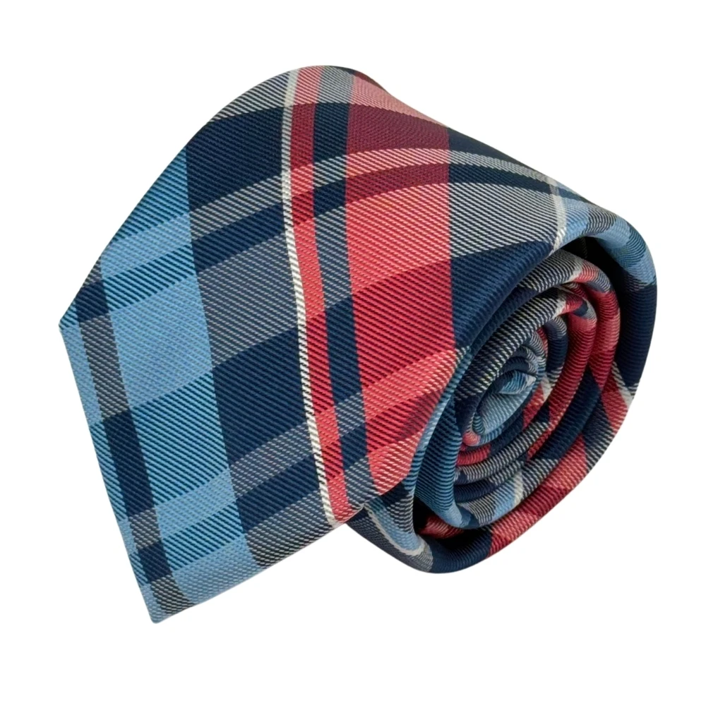 Blue and Red Check Necktie with Sky Blue Cufflinks and Pocket SquareCombo for Men