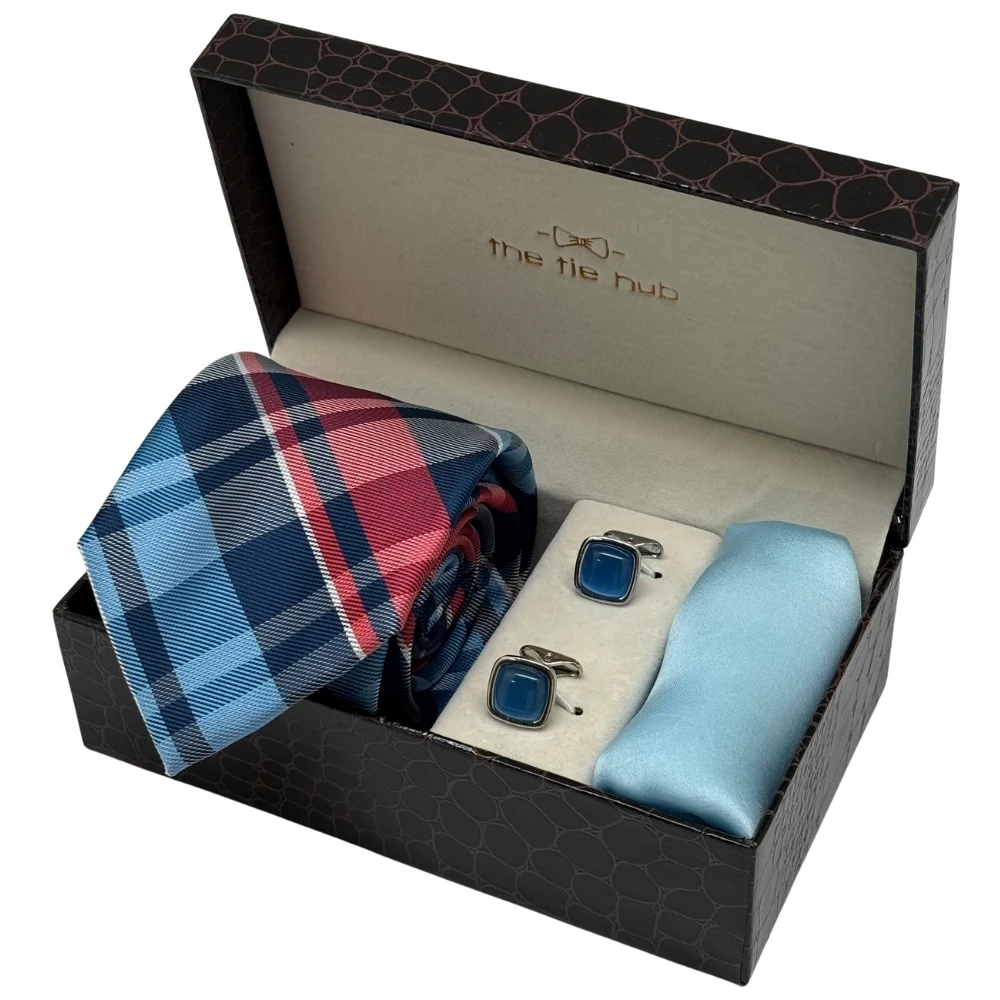 Blue and Red Check Necktie with Sky Blue Cufflinks and Pocket SquareCombo for Men