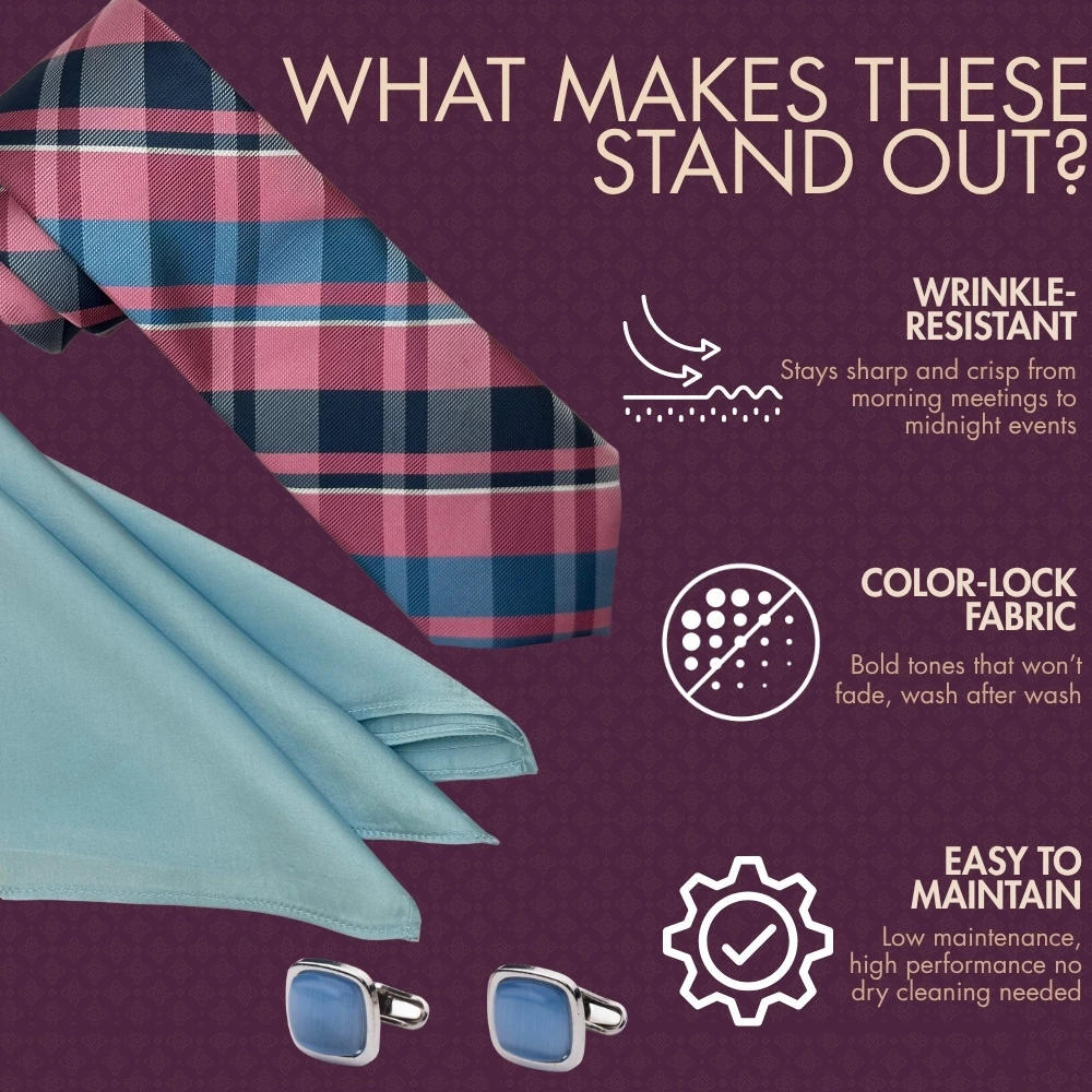 Blue and Red Check Necktie with Sky Blue Cufflinks and Pocket SquareCombo for Men
