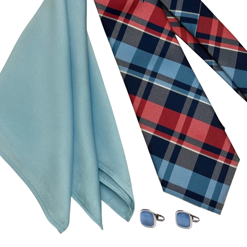 Blue and Red Check Necktie with Sky Blue Cufflinks and Pocket SquareCombo for Men