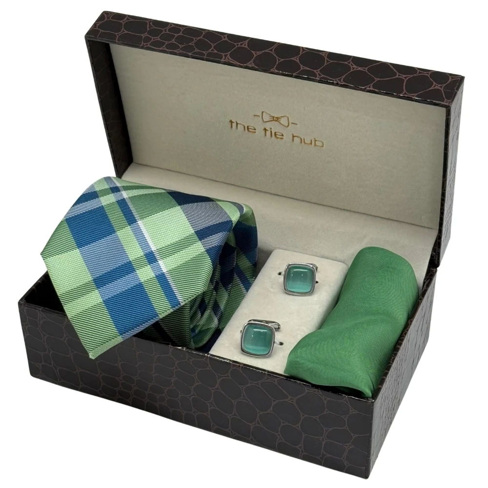 Green and Blue Check Necktie with Mint Green Cufflinks and Pocket SquareCombo for Men