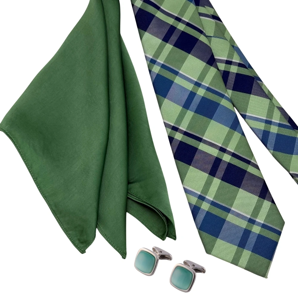 Green and Blue Check Necktie with Mint Green Cufflinks and Pocket SquareCombo for Men