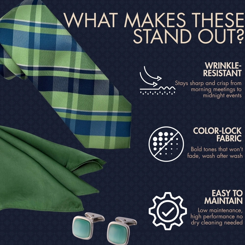 Green and Blue Check Necktie with Mint Green Cufflinks and Pocket SquareCombo for Men